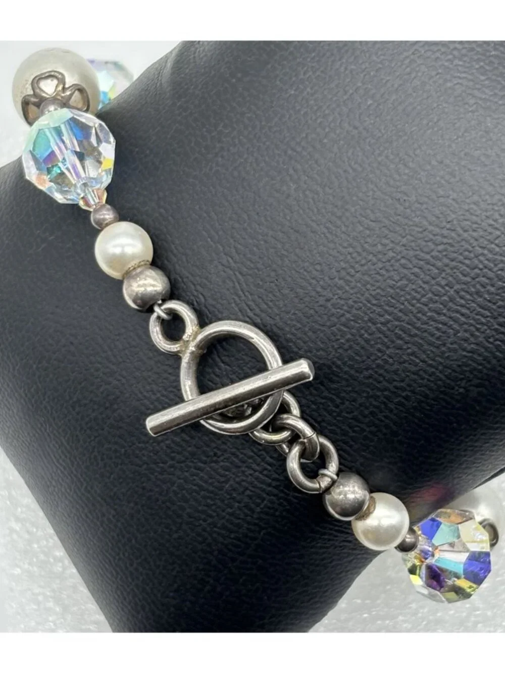 Artisan Made Bracelet With Faceted AB Crystals Faux Pearls Sterling Toggle Clasp